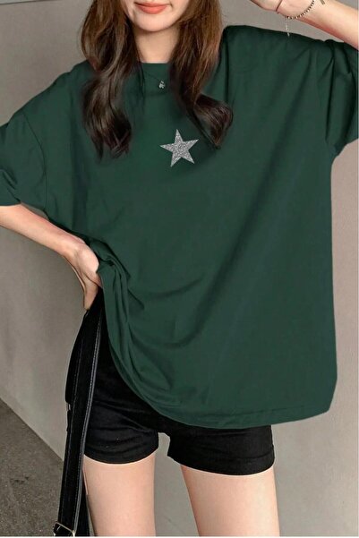 stg spor toptan giyim Women's Dark Green Glitter Star Printed Oversize Loose Fit T-Shirt