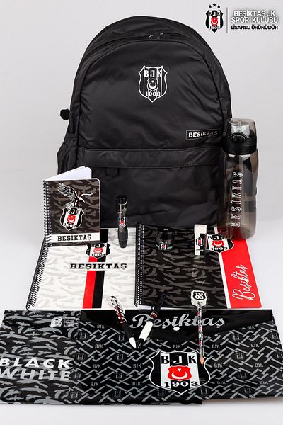 Beşiktaş New Season Licensed Pendant Large Size School Bag,700 ml Bottle,A4 72 Sheets Frame and Stripes Def