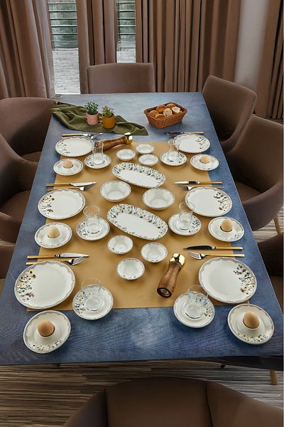 Cooker 34 Piece Porcelain Patterned Breakfast Set - Boat, Egg Holder, Plate, Jam Bowl, Snack Bowl