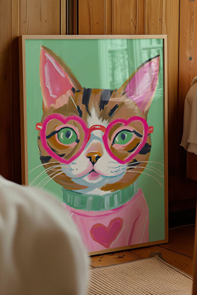 Alf Portraits Pembe Kalpli Gözlüklü Tekir Kedi Çerçevesiz Poster Kedi Severle...