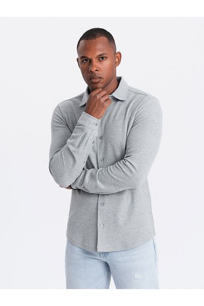 OMBRE Pánská pletená košile SLIM FIT s dlouhým rukávem - šedá V5 OM-SHCS-0177 M