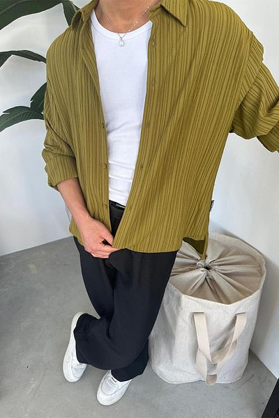 HAFKAGİYİM Vintage Πράσινο Τσακισμένο Πουκάμισο Vintage Slit Cropped