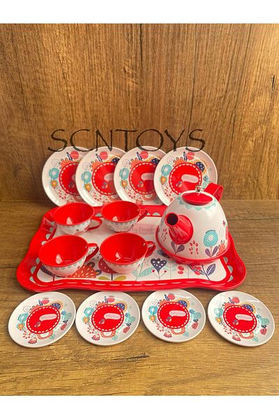 scntoys طقم شاي مكون من 15 قطعة، طقم أكواب معدني، لعبة زهرية، طقم شاي، طقم أكواب