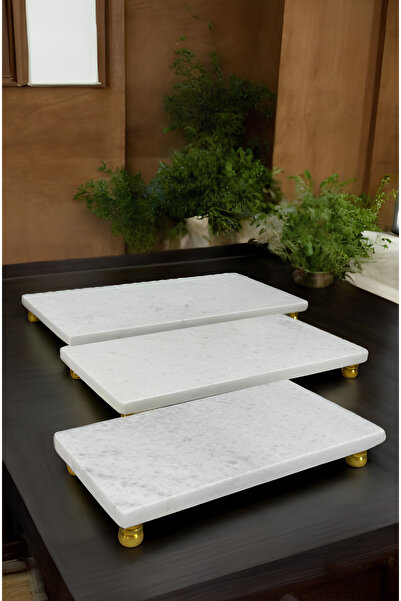 Violenza Home Rectangular Marble Presenter Set of 3 Cheese Plates with Gold Legs