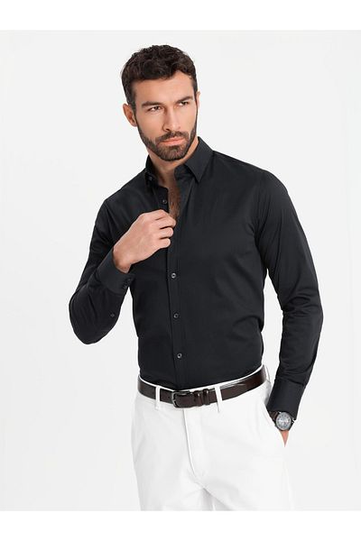 OMBRE Klasická pánská košile SLIM FIT ze saténové látky - černá V4 OM-SHOS-0176 XXL