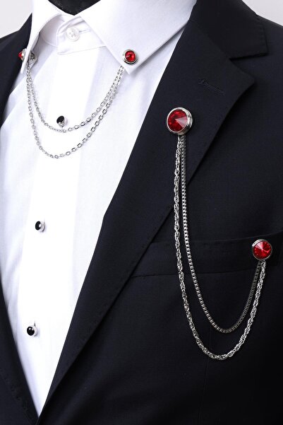 Esgue Kırmızı Taşlı Ceket & Gömlek Gümüş Renk Yaka Zinciri
