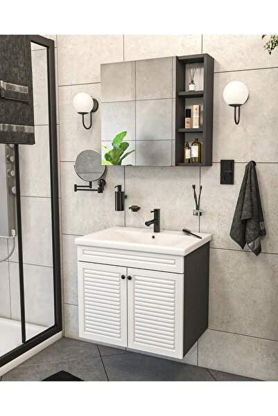 Yıldız elegance Panjur Kapaklı | Aynalı | Lavabolu | Askılı | Banyo Lavabo Dolabı Seti | Antrasit - Beyaz