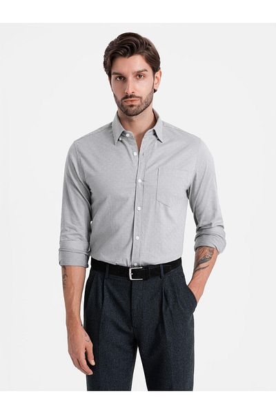 OMBRE Pánská SLIM FIT košile z ozdobné látky s kapsou - šedá V2 OM-SHCS-0174 M