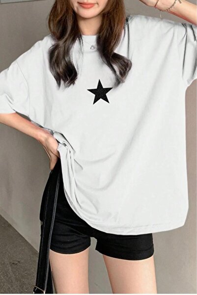 stg spor toptan giyim Γυναικείο μπλουζάκι λευκό oversized με μαύρο αστραφτερό...