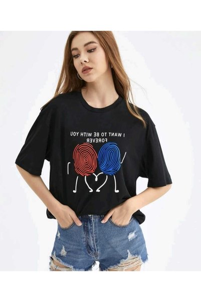 JENOLAN 2-Piece Lover's Combination Endlessly Printed T-Shirt Unisex Loose Oversize Boyfirend (1003)