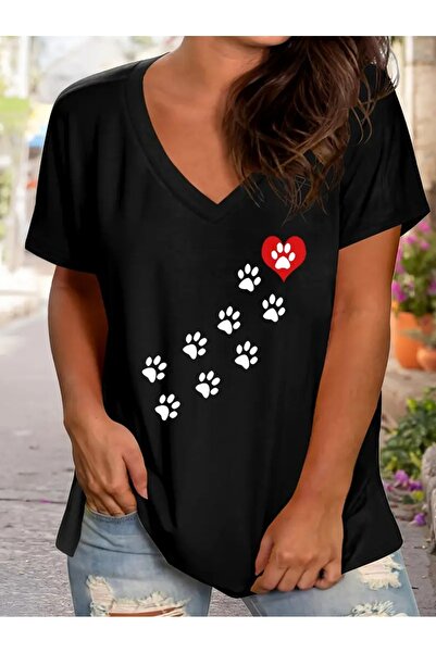 mercoledi تي شيرت نسائي كاجوال كبير الحجم مطبوع برقبة على شكل حرف V