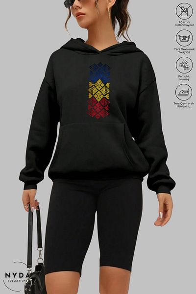 Nyda Collections Unisex Hoodie Long Sleeve Romania Cusatura Printed Hooded Raster Oversize Cotton Sweatshirt