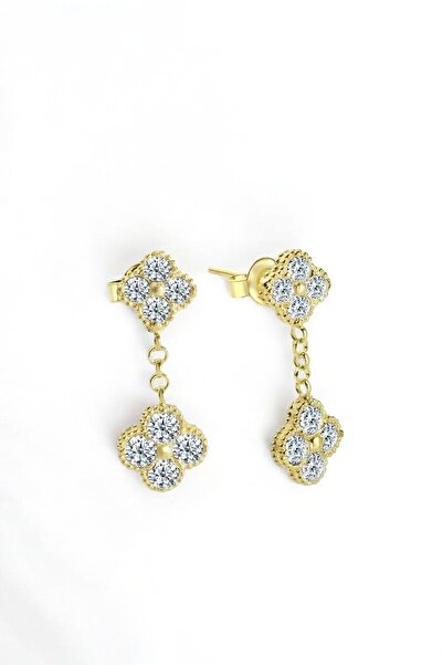 jelux silver Gümüş 925 Ayar Zirkon Taşlı Yonca Sallantılı Küpe