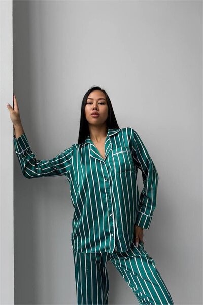COCCOLARSI Yeşil Beyaz Çizgiler Saten Uzun Pijama Takımı