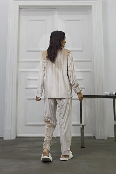 COCCOLARSI Tocco Scintillante Bej Kadife Uzun Pijama Takımı