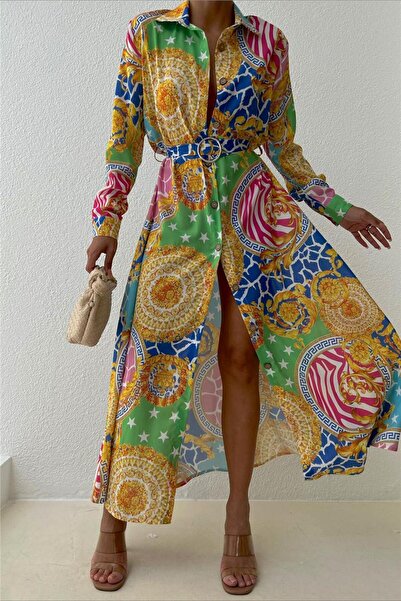 COCCOLARSI Sarı Motifli Etnik Desen Kemerli Jessica Kumaş Elbise