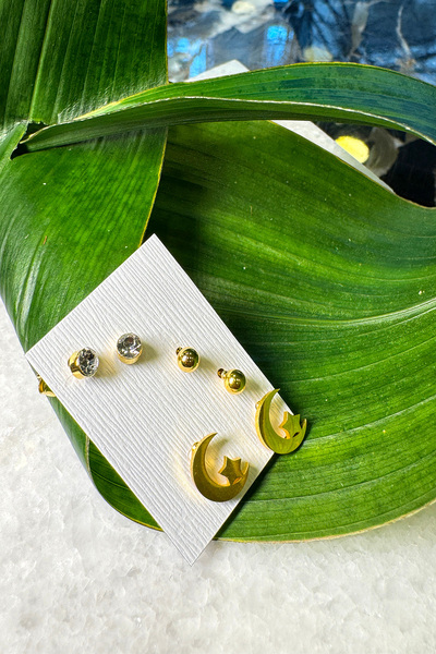 MOONİ ACCESSORİES Steel Moon Star Zircon Stone Round Set of 3 Gold Gold Color 316L Earrings