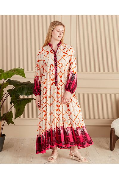 AYASOFYA OTANTIK Women's Orange Fuchsia Colored Ethnic Print Ankle Elastic Balloon Sleeve Long Dress
