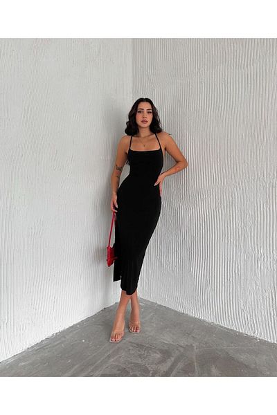 LOOKMEG Γυναικείο βραδινό φόρεμα με λεπτό σχοινί με χιαστί δεμένο πίσω με σχισμή Νέα σεζόν