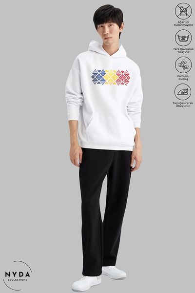 Nyda Collections Unisex μακρυμάνικο φούτερ με κουκούλα Romania Cusatura με στάμπα με κουκούλα Oversize βαμβακερό φούτερ