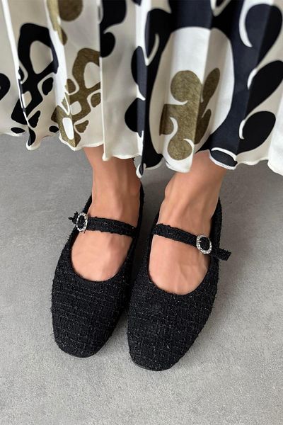 STRASWANS Linen Women's Ballerinas - Berny Black Belt Detailed