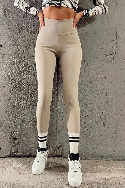 Swana Kadın Bej Fitilli Çizgili Tayt Yüksek Bel Dayanıklı Örme Kumaş Spor Tay...