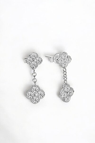 jelux silver Gümüş 925 Ayar Rodyumlu Zirkon Taşlı Yonca Sallantılı Küpe