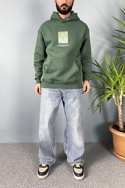 Alışveriş Sokağı Van Gogh Oversize Green Hooded Sweatshirt with Pockets