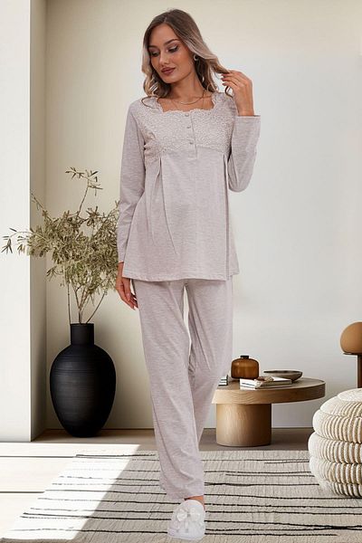 Mecit Pijama طقم بيجامة للحوامل والحوامل بأكمام طويلة - 75% قطن 25% فيسكوز