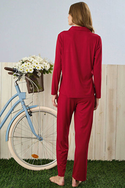 Pijamoni Kadın Pijama Takımı Uzun Kollu Gömlek Yaka Cep Biyeli