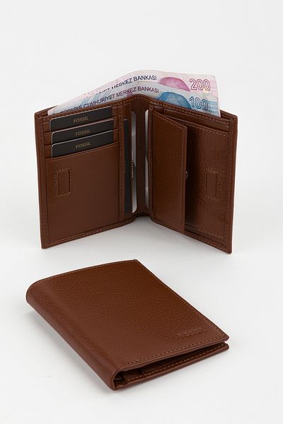 Fossil Boxed Genuine Leather Tan Magnetic Vertical Men's Hand Portfolio Wallet