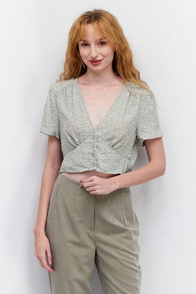 NA-KD Women V Neck Short Sleeve Floral Print Blouse, Sage