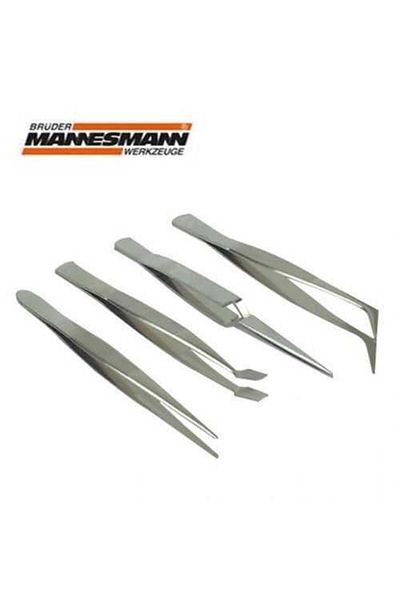 MANNESMAN N 615 Stainless Tweezers Set - 4 Pieces, Flat Point Cross