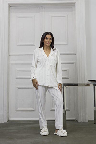 COCCOLARSI Tocco Scintillante Beyaz Kadife Uzun Pijama Takımı