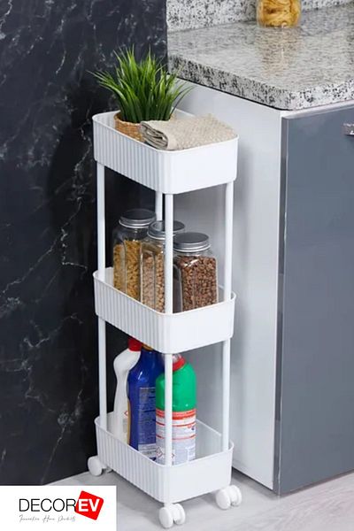 decorev Multi-Purpose White Shelf Bathroom and Kitchen Organizer 3-Tier Organizer (with Wheel)