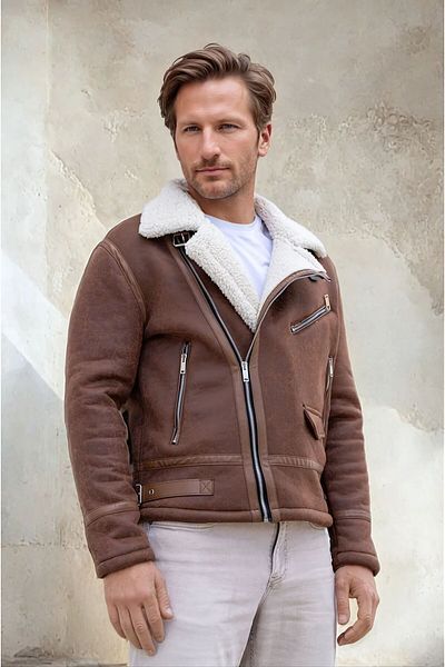 OHEPMODA Мъжко кожено палто от напа тип Northern с пълен косъм