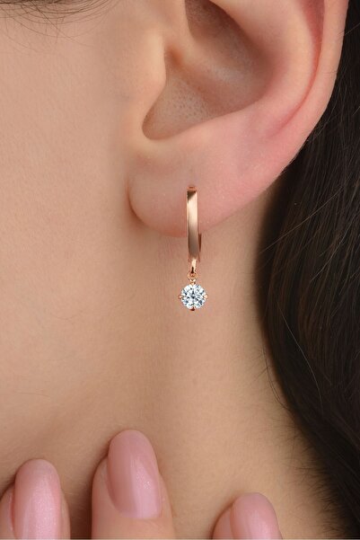 jelux silver Gümüş 925 Ayar 14 Mm Zirkon Tek Taşlı Model Halka Rose Küpe