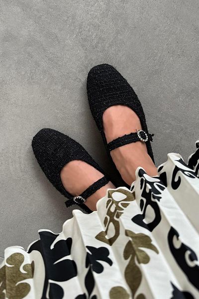STRASWANS Linen Women's Ballerinas - Berny Black Belt Detailed