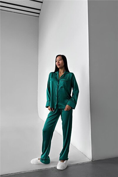 COCCOLARSI Kadın Düz Benetton Yeşili Saten Uzun Pijama Takımı
