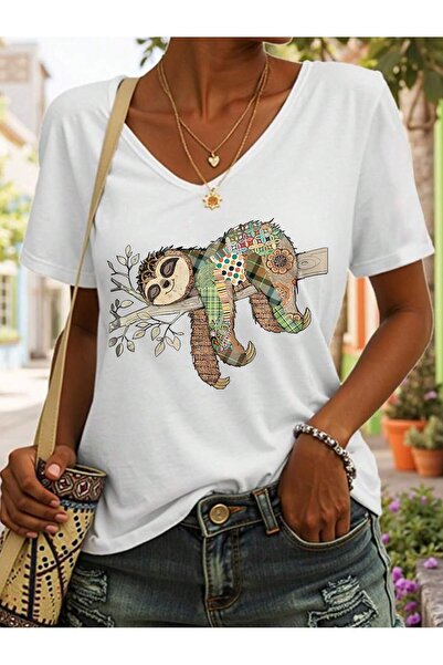 NOFLEN Γυναικείο μπλουζάκι με στάμπα με λαιμόκοψη V Casual