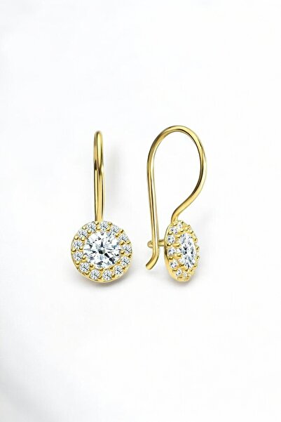 jelux silver Gümüş 925 Ayar Zirkon Göbek Taşlı Salantlı Gold Küpe