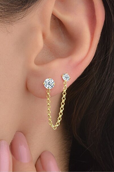 jelux silver Gümüş 925 Ayar Zirkon Taşlı Doç Model Halka Gold Tekli Küpe