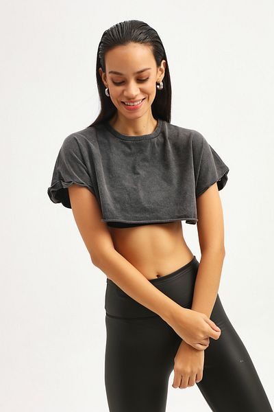 Quzu Anthracite Crop Basic T-Shirt