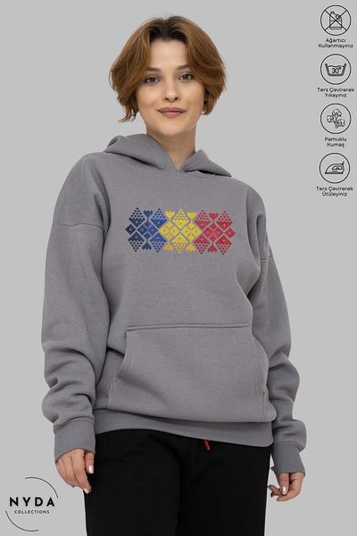 Nyda Collections Unisex μακρυμάνικο φούτερ με κουκούλα Romania Cusatura με στάμπα με κουκούλα Oversize βαμβακερό φούτερ