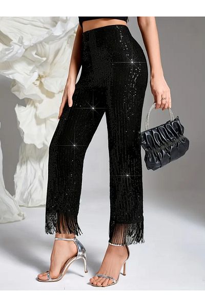AYSİ COLLECTİON Elastic Waistband and Sequined High Waist Straight Leg Tassel Trousers