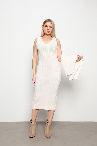 Laviera Ecru Women's Knitwear Set - Crew Neck, Wide Sleeve, Seasonal Crop Sweater and Thick Sling Dress
