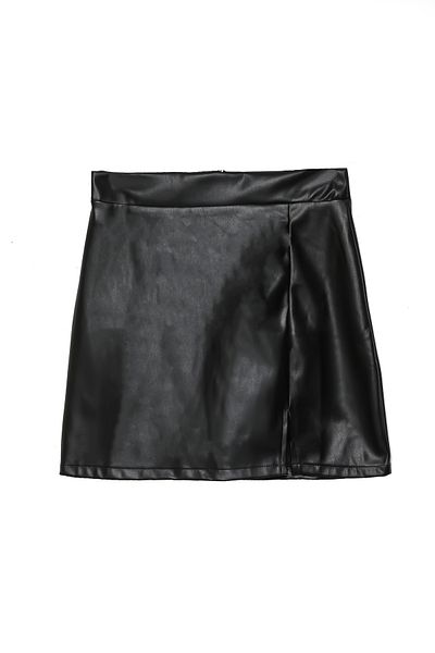 Quzu Slit Detailed Mini Leather Skirt Black