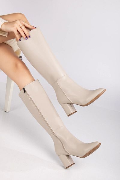 DS AYAKKABI Beige Women's Heeled Boots - Below Knee Length, No Zippered Moun Shoes