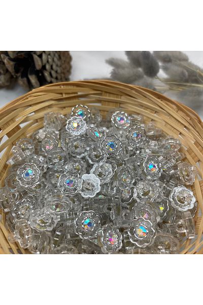 Bukle İplik 20" Button - Plastic Bottom Seam Flower Pattern with Clear Hologram Crystal Stone Silver Frame (20 Pcs)