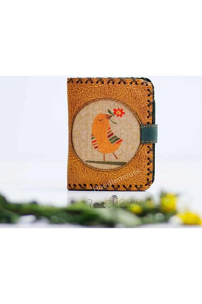 HOODİEMOUSE Small Wallet with Bird Figure Ethnic Bohemian Retro Style - Mustard